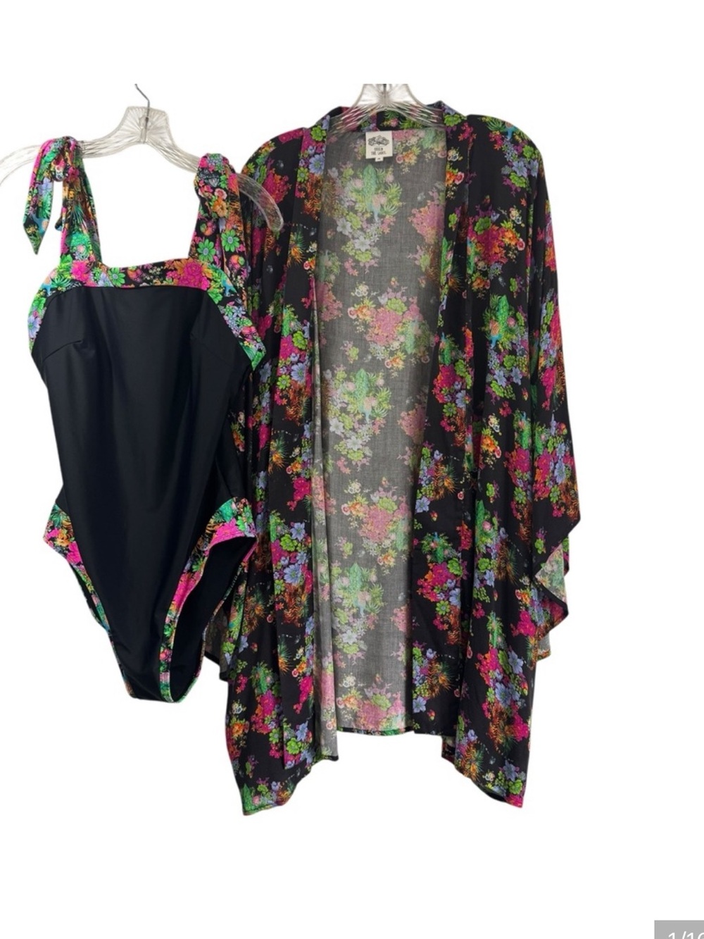 Queen The Label One Piece black swimsuit with floral accents & matching Cover Up